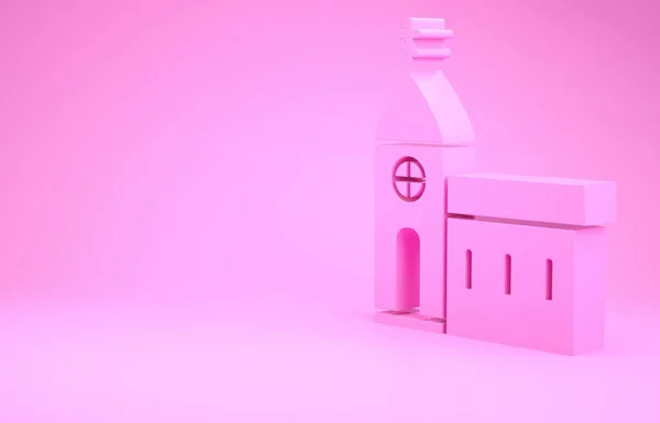 粉红教堂建筑图标孤立在粉红色的背景上 基督教会教会的宗教 最低纲领的概念 3D渲染3D插图 — 图库照片