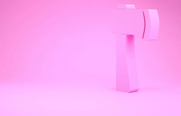 粉色木斧头图标孤立在粉红色的背景 伐木工斧头最低纲领的概念 3D渲染3D插图 — 图库照片