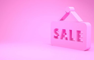 Pembe Asılma işareti ve pembe arka planda izole edilmiş metin satışı simgesi. Mesaj indirimli tabela. Minimalizm kavramı. 3d illüstrasyon 3B canlandırma