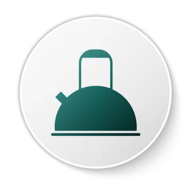 Beyaz arkaplanda ikonu olan yeşil çaydanlık. Çaydanlık ikonu. Beyaz daire düğmesi. Vektör İllüstrasyonu