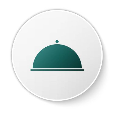 Beyaz arka planda izole edilmiş bir tepsi yiyecek ikonu ile kaplanmış. Tepsi ve kapak. Kapaklı bir restoran saati. Mutfak eşyaları sembolü. Beyaz daire düğmesi. Vektör İllüstrasyonu