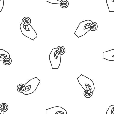 Gri Çizgili El madeni para ikonunu beyaz arka planda izole edilmiş kusursuz desen olarak tutuyor. Dolar ya da USD sembolü. Nakit bankacılık tabelası. Vektör İllüstrasyonu