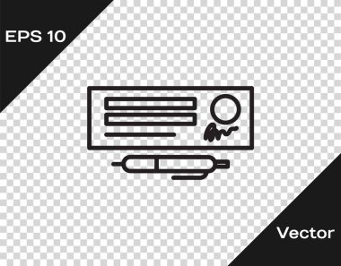 Banka kontrolünün siyah çizgi boş şablonu ve şeffaf arkaplanda izole edilmiş kalem simgesi. Doldurulacak boş alanlarla birlikte kontrol defteri çek sayfası. Vektör İllüstrasyonu