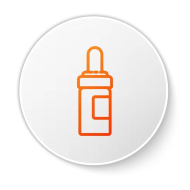 Beyaz arka planda izole edilmiş turuncu çizgi sakal ve bıyık yağ şişesi ikonu. Pipetli cam şişe. Beyaz daire düğmesi. Vektör İllüstrasyonu