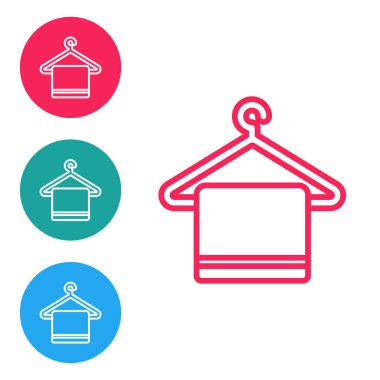 Beyaz arka planda izole edilmiş bir askı simgesinde kırmızı çizgi havlusu. Banyo havlusu ikonu. Simgeleri daire düğmelerine ayır. Vektör İllüstrasyonu