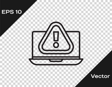 Şeffaf arkaplanda ünlem işareti simgesi olan siyah çizgi dizüstü bilgisayar. Uyarı mesajı akıllı telefon uyarısı. Vektör İllüstrasyonu