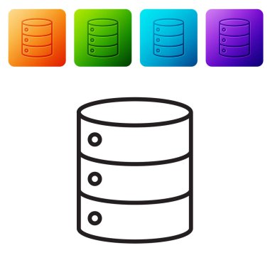 Siyah çizgi sunucusu, Data, Web sunucu simgesi beyaz arkaplanda izole edildi. Renkli kare düğmelerle simgeleri ayarla. Vektör İllüstrasyonu