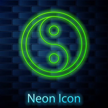 Parlak neon hattı Yin Yang ahenk sembolü ve denge simgesi tuğla duvar arka planında izole edilmiş. Vektör İllüstrasyonu