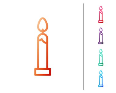 Kırmızı çizgi yanan mum simgesi beyaz arkaplanda izole edildi. Silindirik mum çubuğu ve yanan ateş. Renk simgelerini ayarla. Vektör İllüstrasyonu