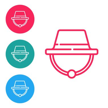 Kırmızı çizgi kamp şapkası simgesi beyaz arkaplanda izole edildi. Plaj şapkası panaması. Avcılık, yürüyüş ve turizm için gezgin şapkası. Simgeleri daire düğmelerine ayır. Vektör İllüstrasyonu