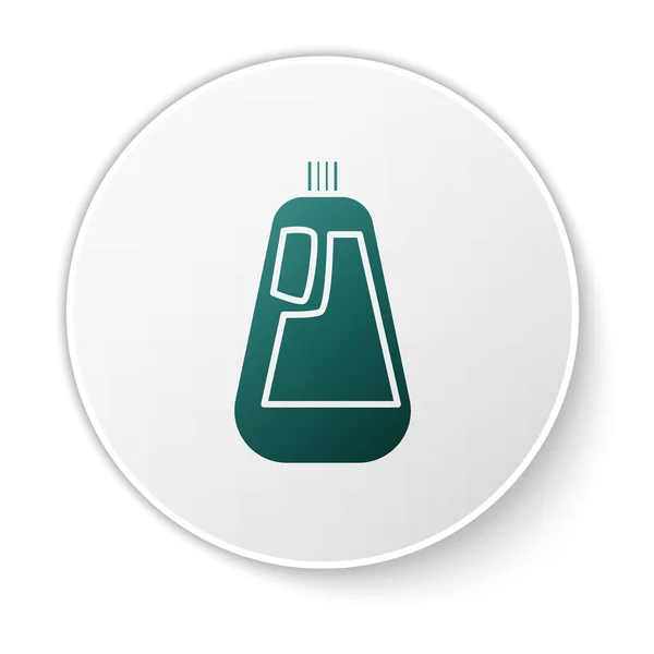 Πράσινο πλαστικό μπουκάλι για υγρό απορρυπαντικό πλυντηρίου, χλωρίνη, υγρό πιάτων εικονίδιο που απομονώνεται σε λευκό φόντο. Λευκό κουμπί κύκλου. Εικονογράφηση διανύσματος — Διανυσματικό Αρχείο