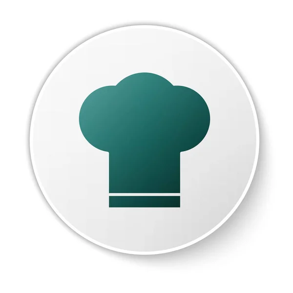 Ícone chapéu Chef verde isolado no fundo branco. Símbolo de cozinha. Chapéu dos cozinheiros. Botão de círculo branco. Ilustração vetorial — Vetor de Stock
