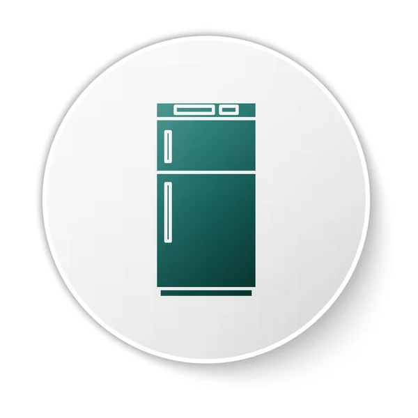 緑色の冷蔵庫のアイコンは白い背景に隔離されています。冷蔵庫の冷蔵庫家庭用技術や家電製品。白い丸ボタン。ベクターイラスト — ストックベクタ