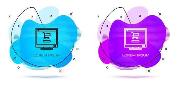 在白色背景上孤立的屏幕计算机图标上的行购物车。电子商务、电子商务、在线商务营销的概念。带液体形状的抽象横幅。病媒图解 — 图库矢量图片