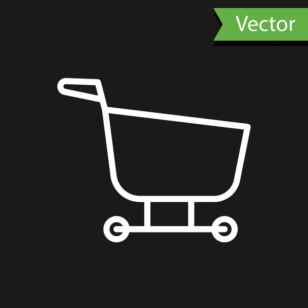 Línea blanca Icono del carrito de compras aislado sobre fondo negro. Tienda de comida, supermercado. Ilustración vectorial — Vector de stock