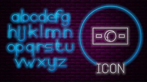 Leuchtende Neon-Linie Papiergeld Cash-Symbol isoliert auf Backsteinwand Hintergrund. Geldscheine stapeln sich. Bill Währung. Neonlicht-Alphabet. Vektorillustration — Stockvektor