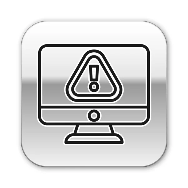 Monitor de computadora de línea negra con icono de signo de exclamación aislado sobre fondo blanco. Mensaje de alerta notificación del teléfono inteligente. Botón cuadrado plateado. Ilustración vectorial — Vector de stock