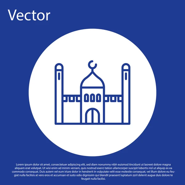 Синяя линия икона мусульманской мечети выделена на синем фоне. Кнопка белого круга. Векторная миграция — стоковый вектор