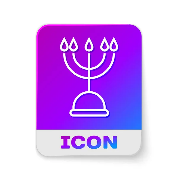 Línea blanca Icono de Hanukkah menorah aislado sobre fondo blanco. Hanukkah símbolo tradicional. Religión navideña, festival judío de las Luces. Botón de color rectángulo. Ilustración vectorial — Vector de stock