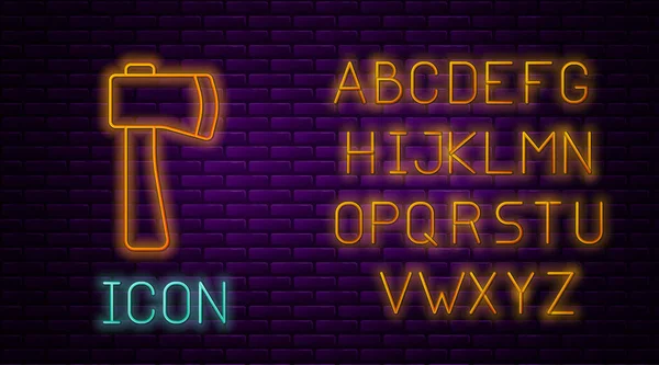 Glowing neon line Wooden axe icon isolated on brick wall background. Lumberjack axe. Neon light alphabet. Vector Illustration — Stock Vector