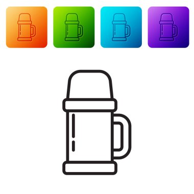 Beyaz arka planda siyah çizgi termos konteynır simgesi izole edildi. Termo matara ikonu. Kamp ve yürüyüş ekipmanları. Renkli kare düğmelerle simgeleri ayarla. Vektör İllüstrasyonu