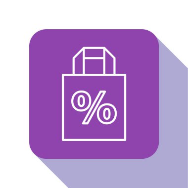 Beyaz arkaplanda% 100 indirim simgesi olan beyaz çizgili Shoping torbası. El çantası işareti. Mor kare düğme. Vektör İllüstrasyonu