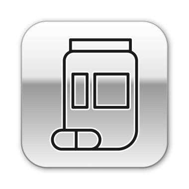 Siyah çizgi ilaç şişesi ve beyaz arka planda izole edilmiş hap ikonu. Şişe hapı işareti. Eczane tasarımı. Gümüş kare düğme. Vektör İllüstrasyonu