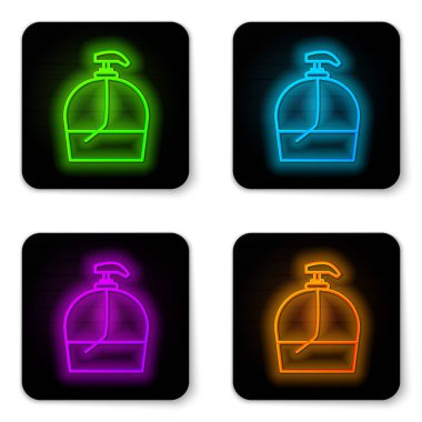 Parlayan neon hattı beyaz arka planda izole edilmiş sıvı antibakteriyel sabun. Dezenfeksiyon, hijyen, cilt bakımı. Siyah kare düğme. Vektör İllüstrasyonu