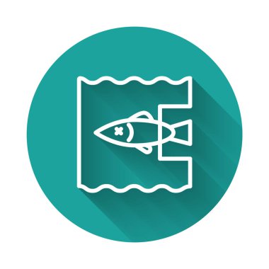 Beyaz çizgi uzun gölgeli okyanus plastik kirliliğini durdurur. Çevre koruma kavramı. Balıklar plastiğe hayır der. Yeşil daire düğmesi. Vektör İllüstrasyonu