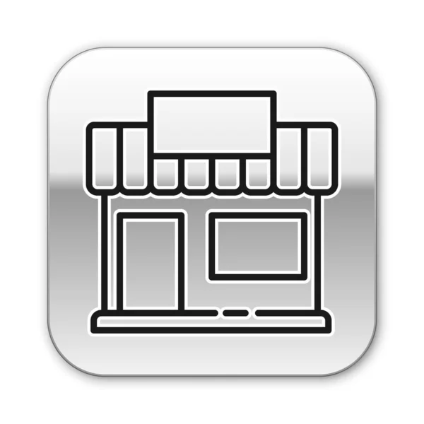 Schwarze Linie Einkaufsgebäude oder Markthalle Symbol isoliert auf weißem Hintergrund. Ladenbau. Silberner quadratischer Knopf. Vektorillustration — Stockvektor