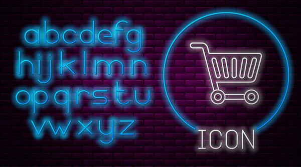Glowing neon line Shopping cart icon isolated on brick wall background. Online buying concept. Delivery service sign. Supermarket basket symbol. Neon light alphabet. Vector Illustration — Stock Vector