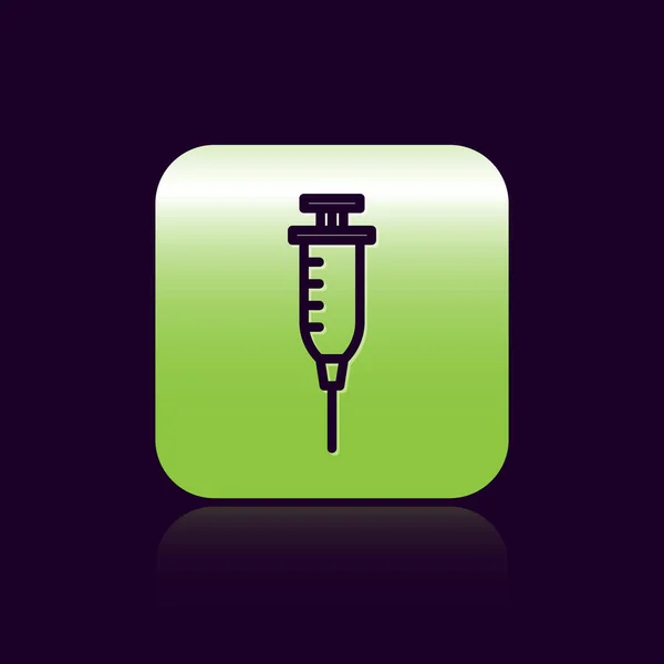 Black line Syringe icon isolated on black background. Syringe for vaccine, vaccination, injection, flu shot. Medical equipment. Green square button. Vector Illustration — ストックベクタ