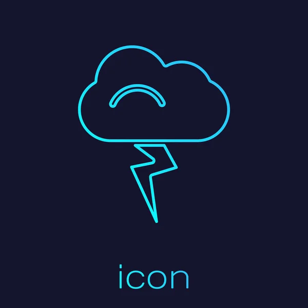 Icono de tormenta de línea turquesa aislado sobre fondo azul. Nube y relámpago. Icono del tiempo de tormenta. Ilustración vectorial — Archivo Imágenes Vectoriales