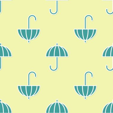 Sarı zemin üzerinde izole edilmiş, yeşil, klasik, zarif, açık şemsiye simgesi. Yağmur koruma sembolü. Vektör İllüstrasyonu