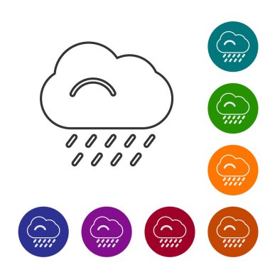 Beyaz zemin üzerinde yağmur ikonu olan siyah çizgi bulutu. Yağmur damlaları ile yağmur bulutu yağışı. Simgeleri renk daire düğmelerine ayarla. Vektör İllüstrasyonu