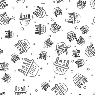 Siyah çizgili alışveriş sepeti ve yiyecek ikonu beyaz arka planda izole edilmiş kusursuz desen. Yiyecek dükkanı, süpermarket. Vektör İllüstrasyonu