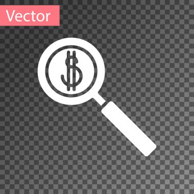 Şeffaf arkaplanda beyaz büyüteç ve dolar sembolü izole edildi. Para bul. Para arıyorum. Vektör İllüstrasyonu