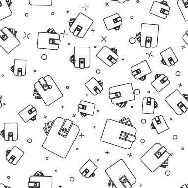 Siyah çizgili cüzdan deste deste deste kağıt para nakit ikonu izole beyaz arka planda pürüzsüz desen. Çanta ikonu. Nakit tasarruf sembolü. Vektör İllüstrasyonu