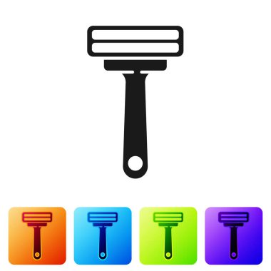 Beyaz arka planda siyah tıraş bıçağı simgesi izole edildi. Renkli kare düğmelerle simgeleri ayarla. Vektör İllüstrasyonu