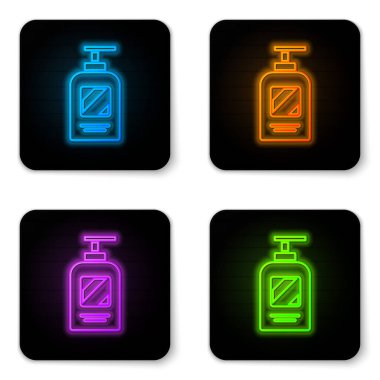 Beyaz arka planda izole edilmiş parlak neon şampuan ikonu. Siyah kare düğme. Vektör İllüstrasyonu