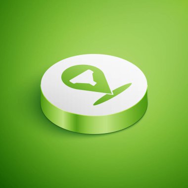 Yeşil arka planda izole edilmiş huni simgesine sahip Isometric Konumu. Bilgi şablonu. Beyaz daire düğmesi. Vektör İllüstrasyonu