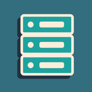 Yeşil Sunucu, Data, Web sunucu simgesi yeşil arkaplanda izole edildi. Uzun gölge tarzı. Vektör İllüstrasyonu