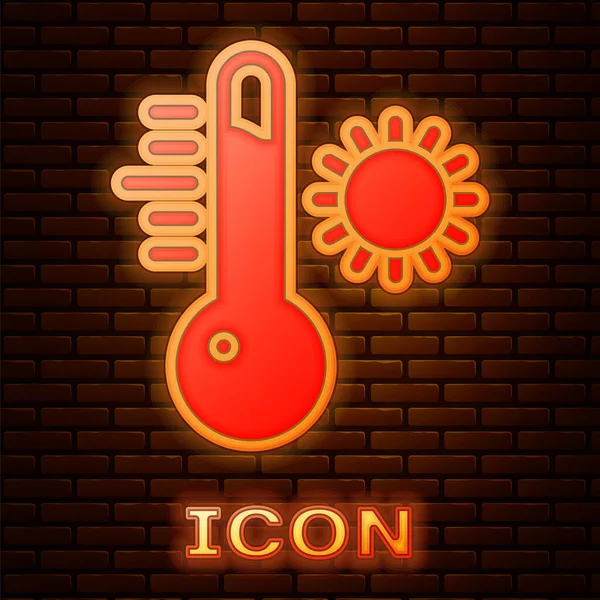 Leuchtende Neon Meteorologie Thermometer Messsymbol Isoliert Auf Backsteinwand Hintergrund Thermometerausrüstung — Stockvektor