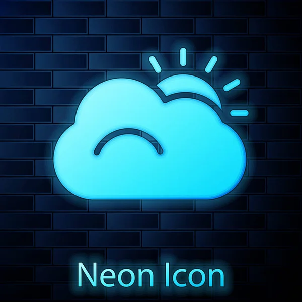 Zářící Neon Slunce Počasí Ikona Cloudu Izolované Cihlovou Zeď Pozadí — Stockový vektor