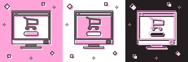 Ορισμός Καλαθιού Αγορών Στην Οθόνη Εικονίδιο Υπολογιστή Απομονωμένο Ροζ Και — Διανυσματικό Αρχείο