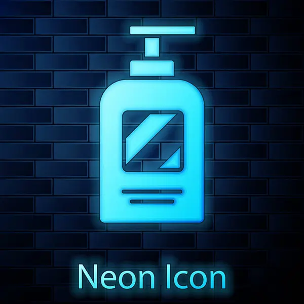 Leuchtende Neon Flasche Shampoo Symbol Isoliert Auf Backsteinwand Hintergrund Vektorillustration — Stockvektor