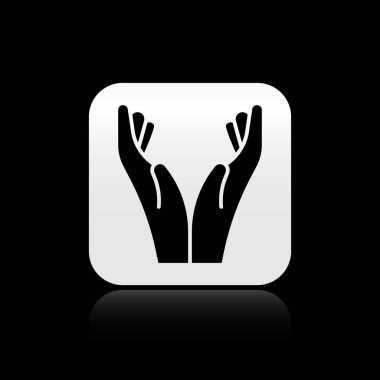 Kara Eller dua pozisyonunda siyah arkaplanda izole edilmiş bir simge. Tanrı 'ya inanç ve umutla dua edin. Gümüş kare düğme. Vektör İllüstrasyonu