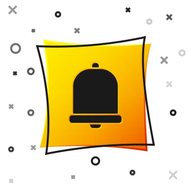 Siyah kilise çan simgesi beyaz arkaplanda izole edilmiş. Alarm sembolü, servis zili, el zili işareti, uyarı sembolü. Sarı kare düğme. Vektör İllüstrasyonu