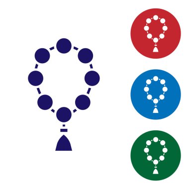 Mavi Tespih, beyaz arka planda izole edilmiş din ikonu. Renkli kare düğmelerle simgeleri ayarla. Vektör İllüstrasyonu