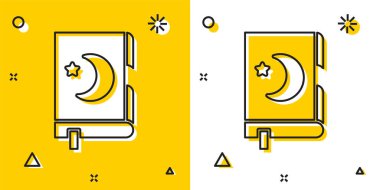 Sarı ve beyaz arkaplanda izole edilmiş siyah kutsal Kur 'an ikonu. Müslüman bayramı, Kurban Bayramı, Kurban Bayramı, Ramazan Kareem. Rastgele dinamik şekiller. Vektör İllüstrasyonu